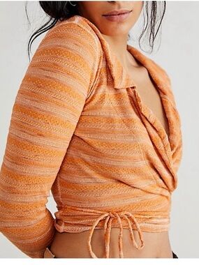 Free People Peach Striped Long-Sleeve Cropped Wrap Top